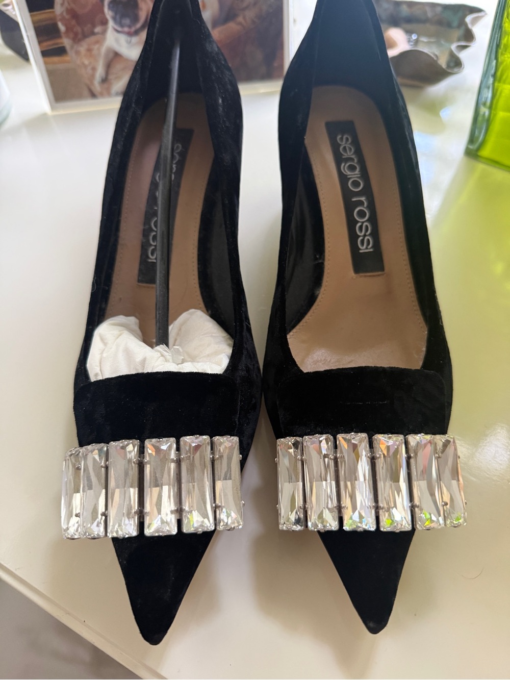 NEW! Sergio Rossi Black Velvet Pointed Toe Pumps with Crystal Accent